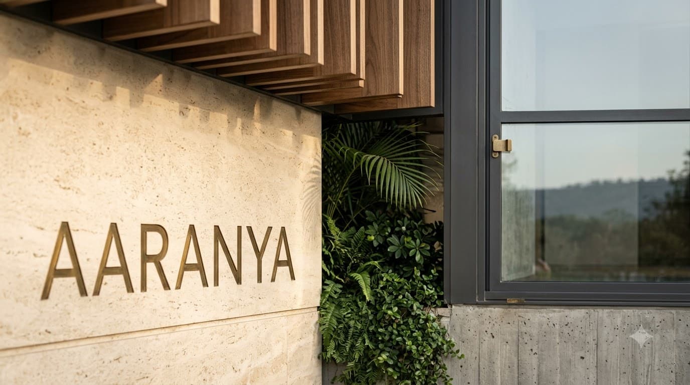 AARANYA material composition showing stone, timber, concrete, glass and greenery